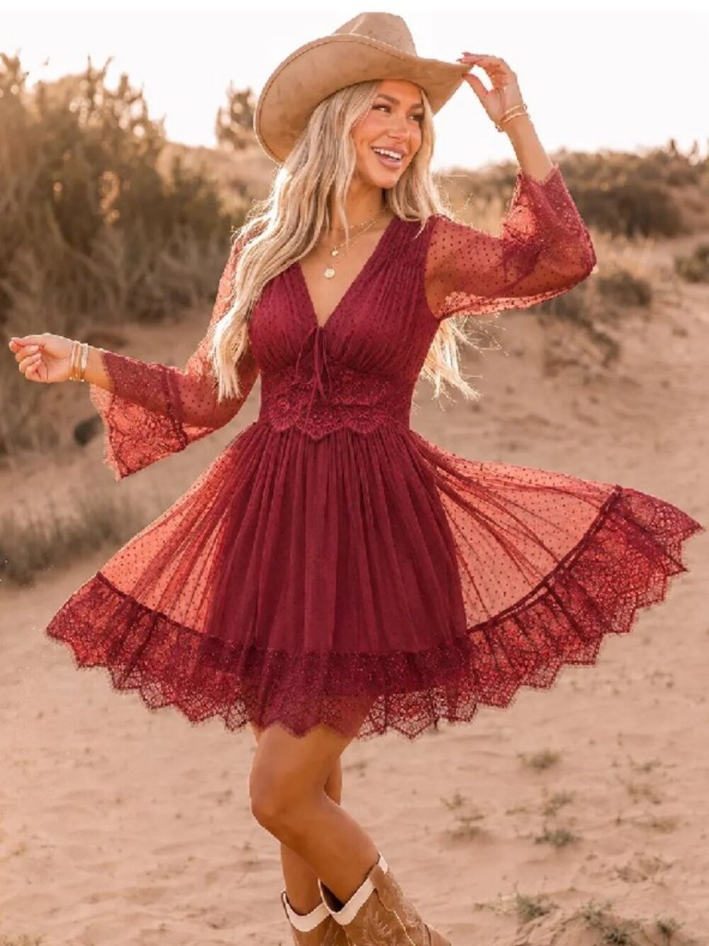 Burgundy Boho V-Neck Lace Tulle Mini Dress Sz XL